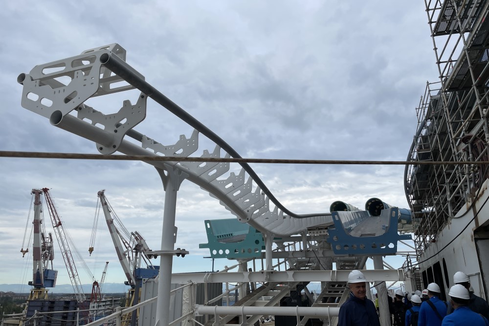 first view of the aqua slidecoaster during a shipyard tour of norwegian aqua