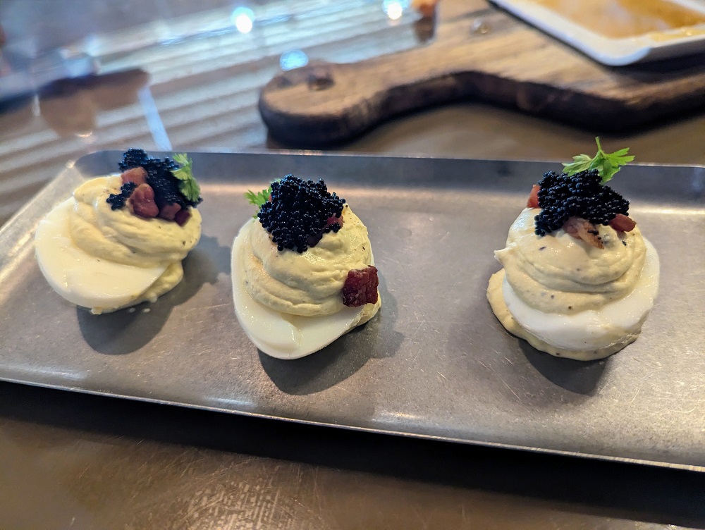 Devil’s” eggs with crispy pancetta and caviar at Carson Kitchen in Las Vegas