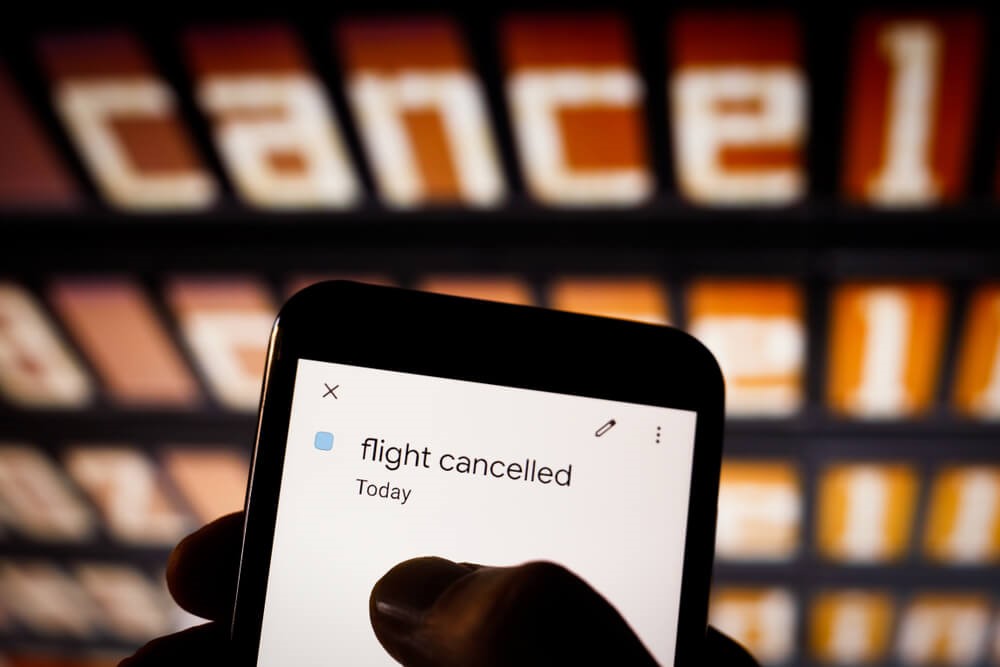 hand holding phone with the message flight cancelled on nit